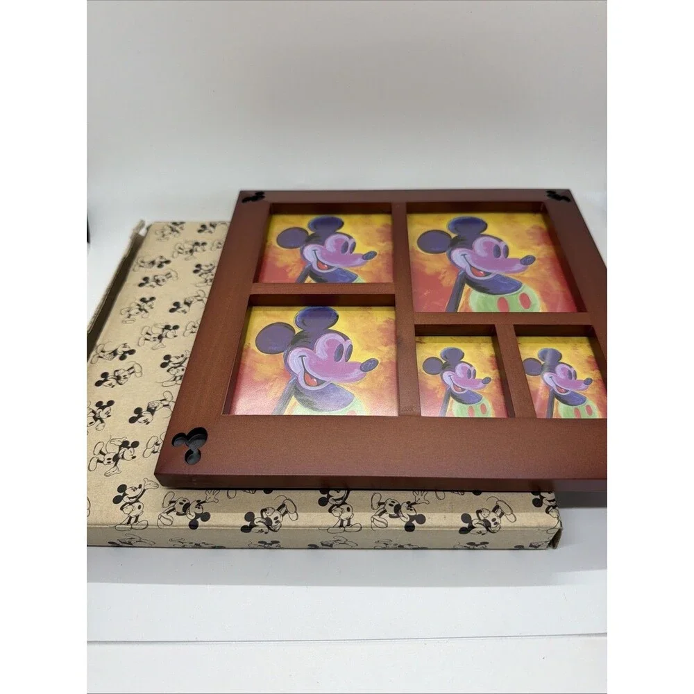 DISNEY THEME PARKS Walnut Wood 5 Multi Picture Frame, Mickey Mouse Original NEW